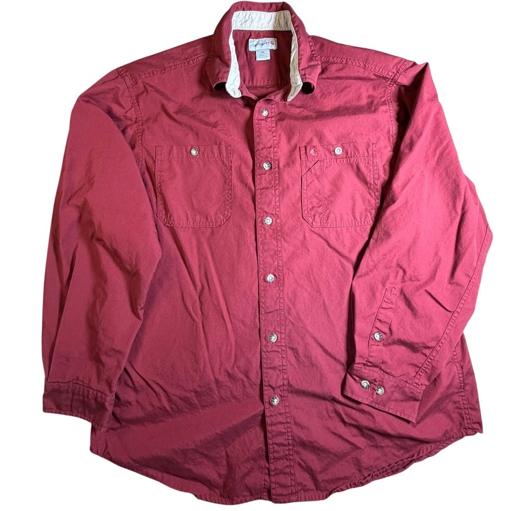 Carhartt Button Down Shirts XL 1 Burgundy & 1 Plaid 2 Pack Bundle Long Sleeve - Picture 2 of 7